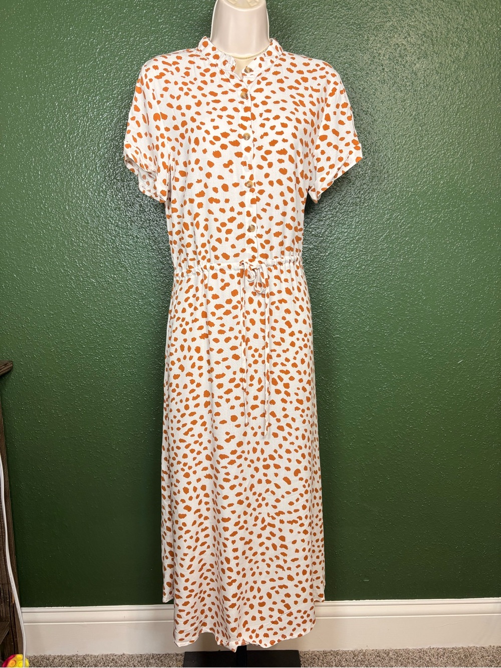White and Rust Dot Tie-Waist Shirt Dress